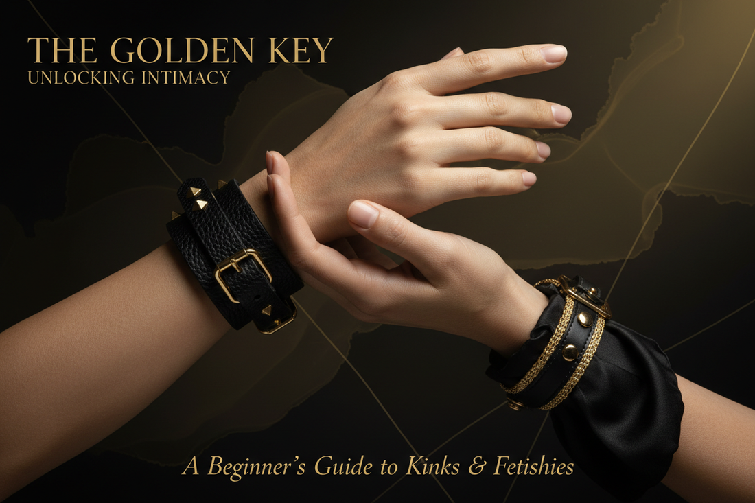 Elegant hands wearing black leather cuffs with gold hardware - beginner's guide to kinks and fetishes